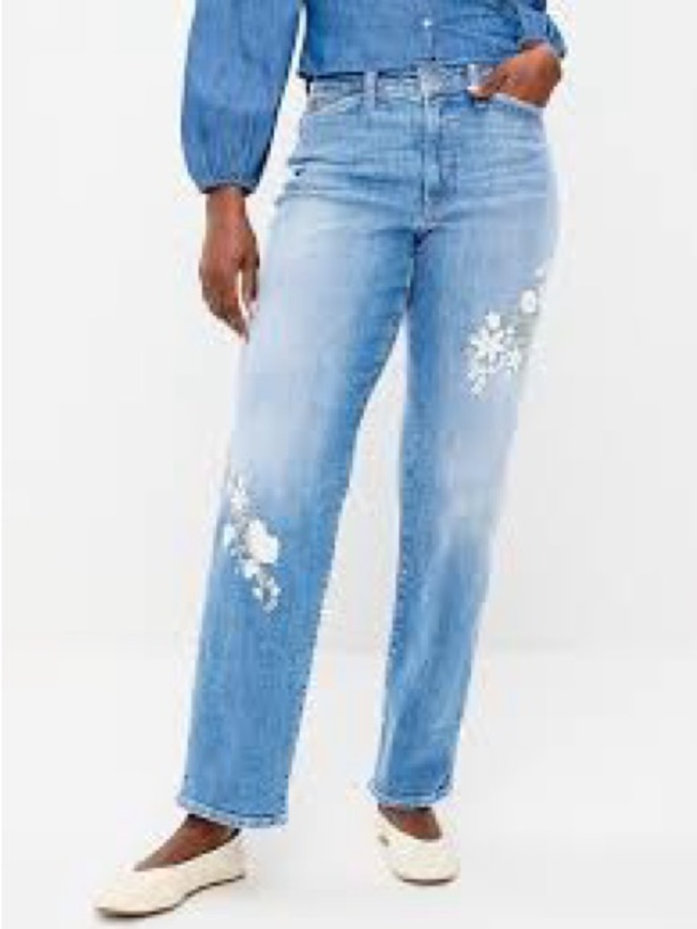 Old Navy High-Waisted OG Loose Jeans White Floral Embroidery, Med Wash, Sz 4